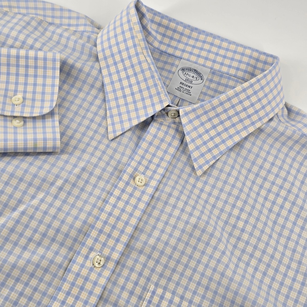 Brooks Brothers Regent Dress Shirt Mens 17.5 34/35 Blue Yellow Tattersall Check